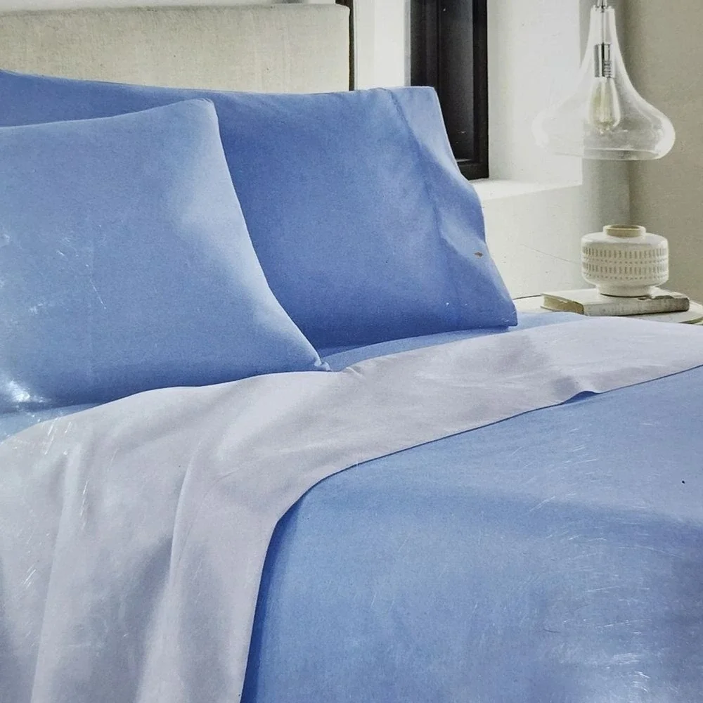King Size 500 Thread Count Cotton Reversible Blue Sheet Set 4pc Two Looks in One